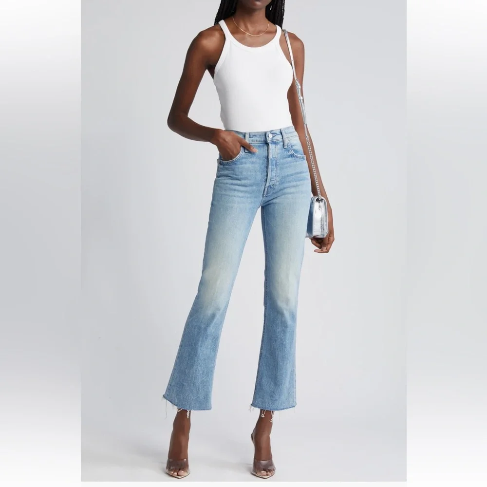 MOTHER Superior The Tripper High Waist Flood Frayed Flare Blue Jeans - Picture 2 of 9